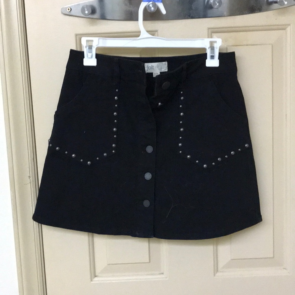 Black jean skirt w/ pocket embellishment